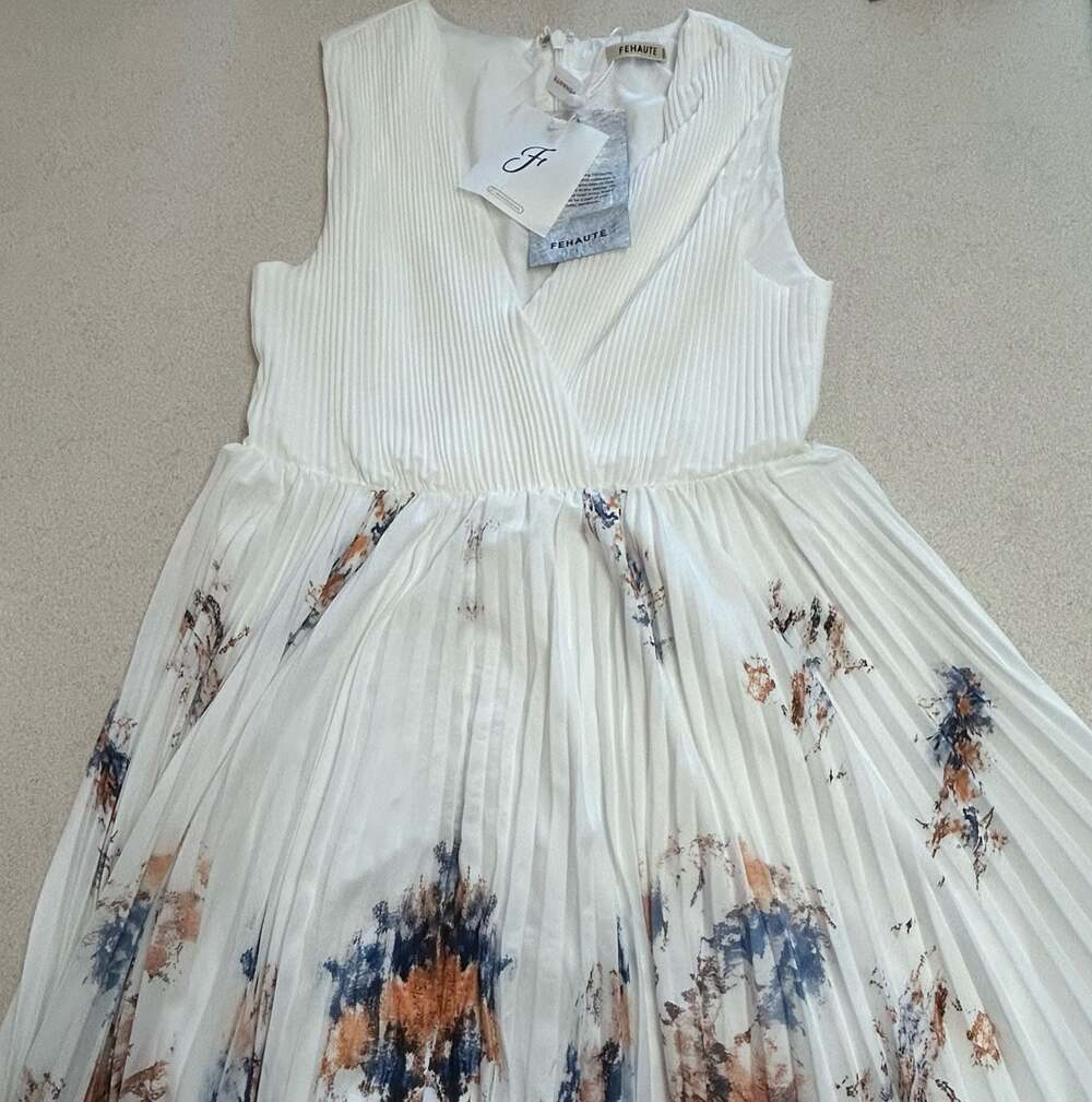 Fehaute Sleeveless Pleated Dress White Floral Print Size 8